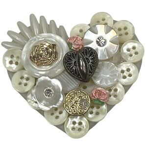 White Button Heart Brooch 2" Vtg